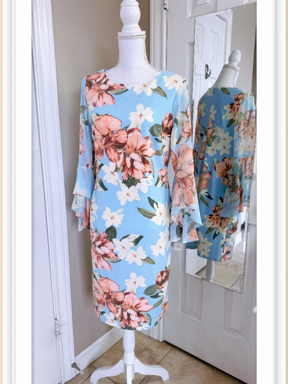 Pastel garden floral Sheath dress with layered ruffled bell sleeves Size 10